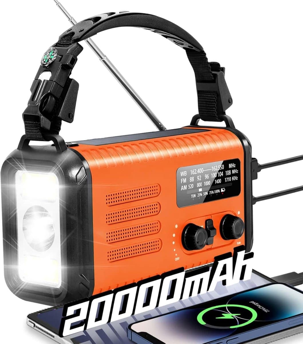 MELVRA Noodradio - 20000mAh - Solar & Handslinger - AM/FM/NOAA - Powerbank - SOS - Zaklamp - Oranje