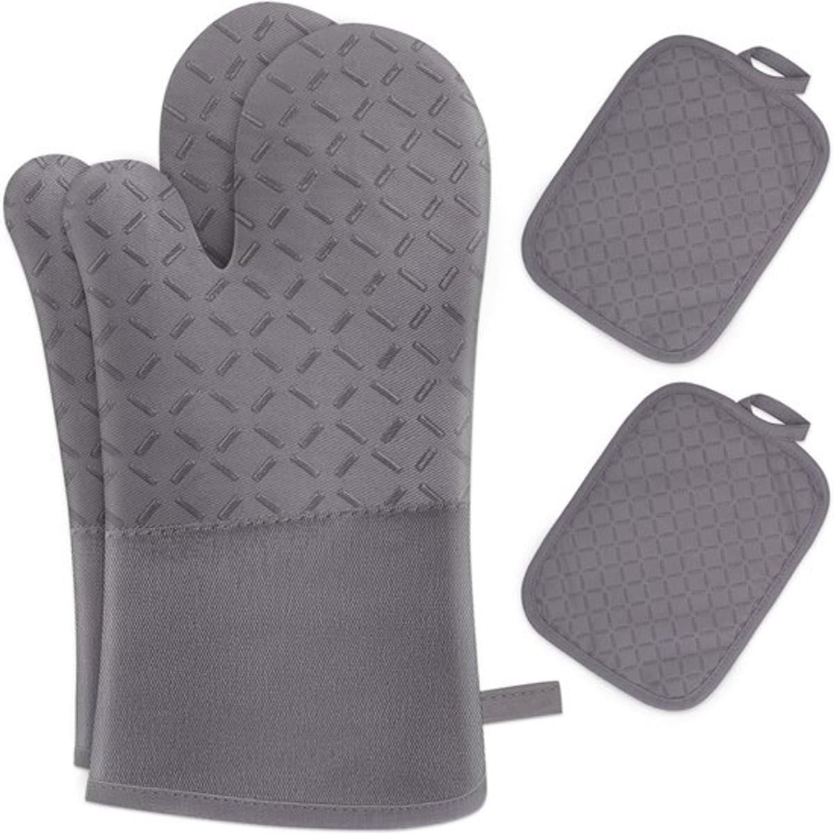 Candala Ovenhandschoenen, set van 4, ovenhandschoenen, hittebestendig tot 300 °C, antislip, verlengbaar, zacht, ovenhandschoenen, grijs