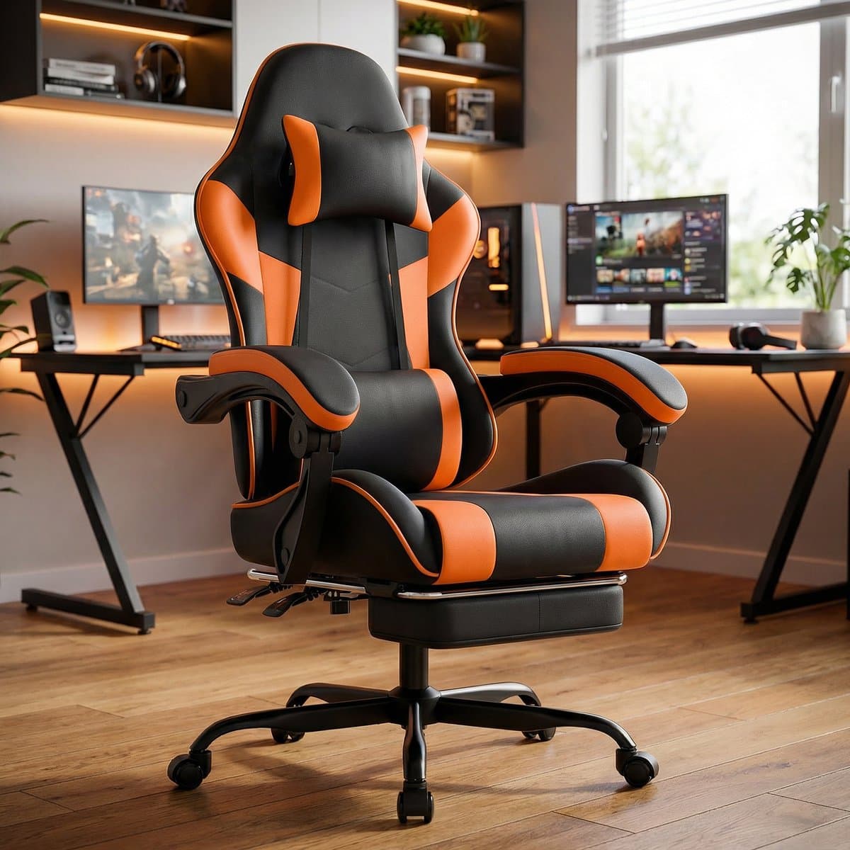 STILVORA Gamestoel – Ergonomisch – Verstelbare Rugleuning En Uitschuifbare Voetsteun – Voor Gamen En Kantoor – PVC Oranje