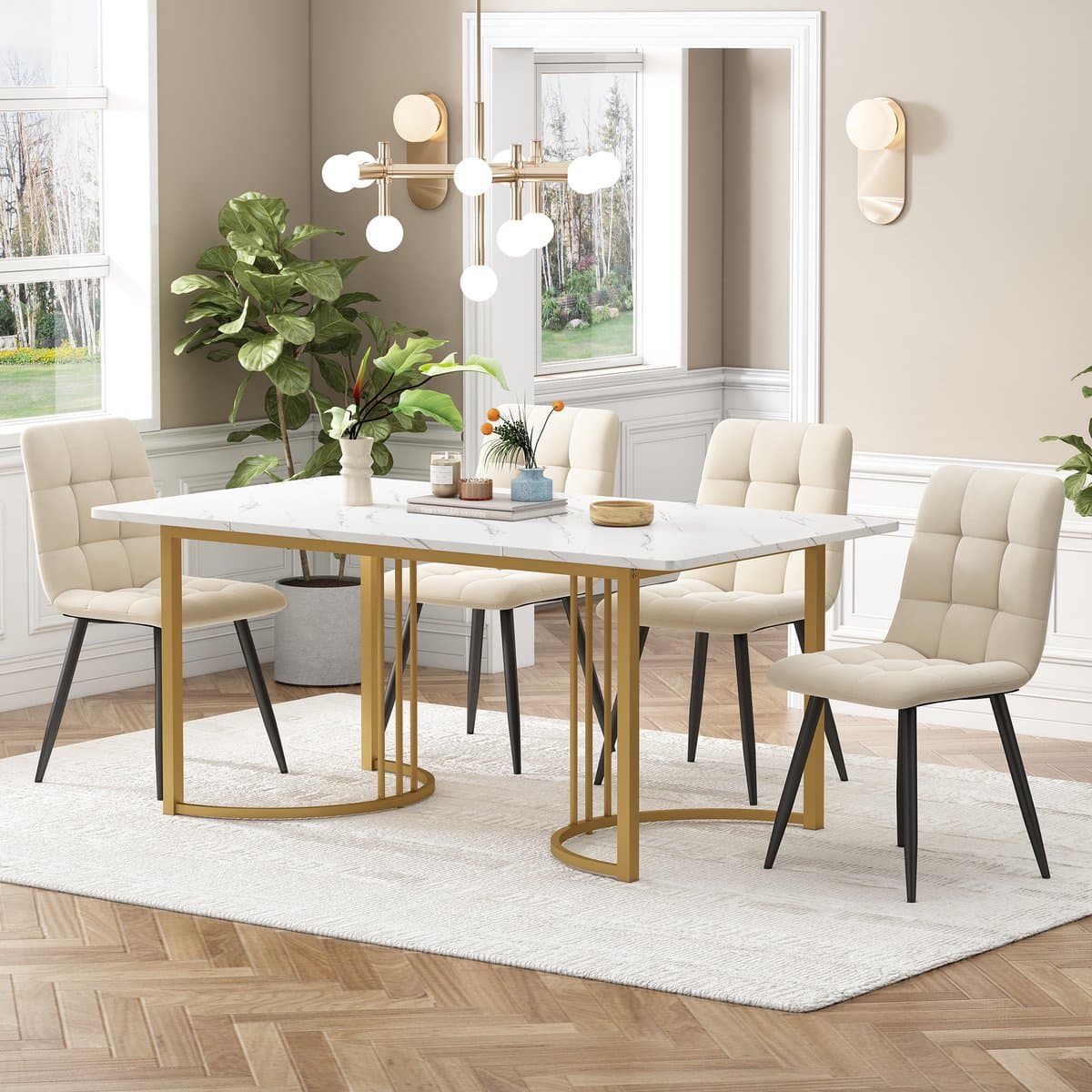 MODFU - Eethoekset - Met 4 Stoelen En Verstelbare Poten - Modern - Voor Eetkamer Of Keuken - MDF En Fluweel - Wit - 140 x 80 cm