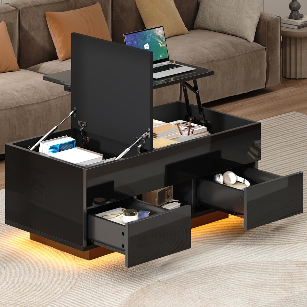 PHOEBE CAT Salontafel - In hoogte verstelbaar tafelblad - 2 lades - Hoogglans - LED-verlichting - Zwart