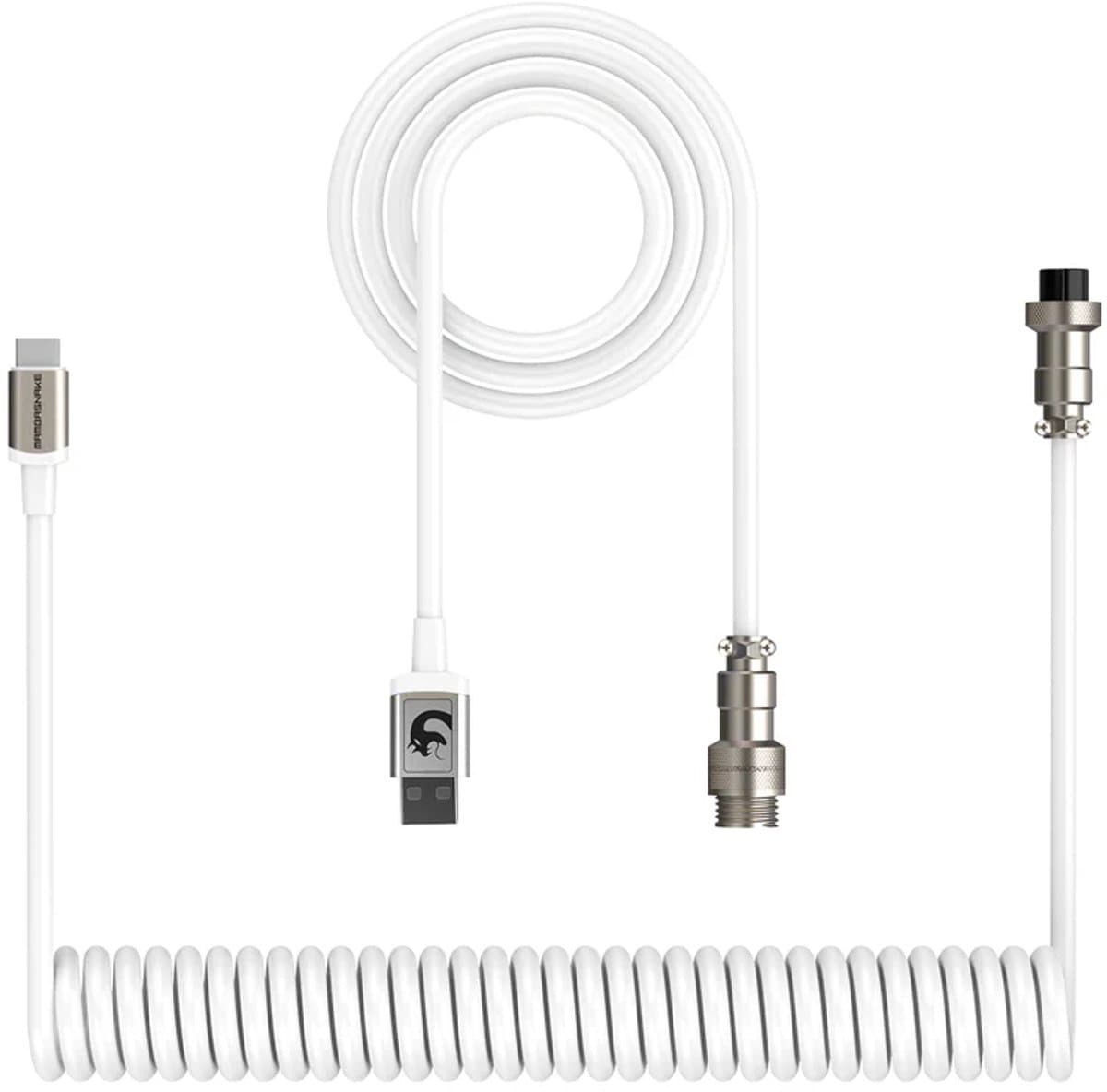 ATTACK SHARK C01 - Coiled Kabel - USB-C naar USB-A - Metalen Aviator Connector - Premium Nylon Gevlochten - Snellaad & Data - Toetsenbord Kabel - Universeel - 1.65m Uitrekbaar tot 2.15m - Wit