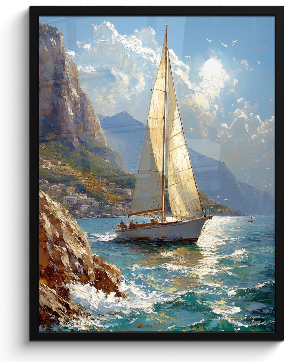 Poster in lijst - Fotolijst 50x70 cm - Posters - Zeilschip - Zee - Rotsen - Wolken - Posterlijst zwart - Decoratie - Wanddecoratie woonkamer - Muurdecoratie slaapkamer