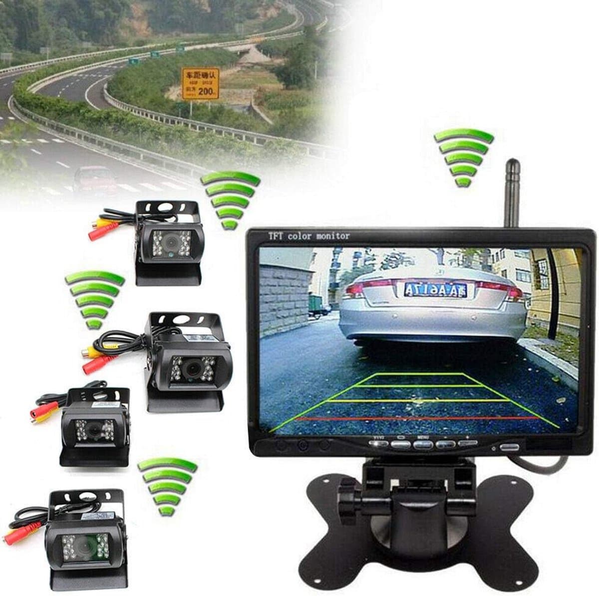 Draadloze Achteruitrijcamera Set met 7 inch Monitor en 4 Camera's voor Vrachtwagen en Bus