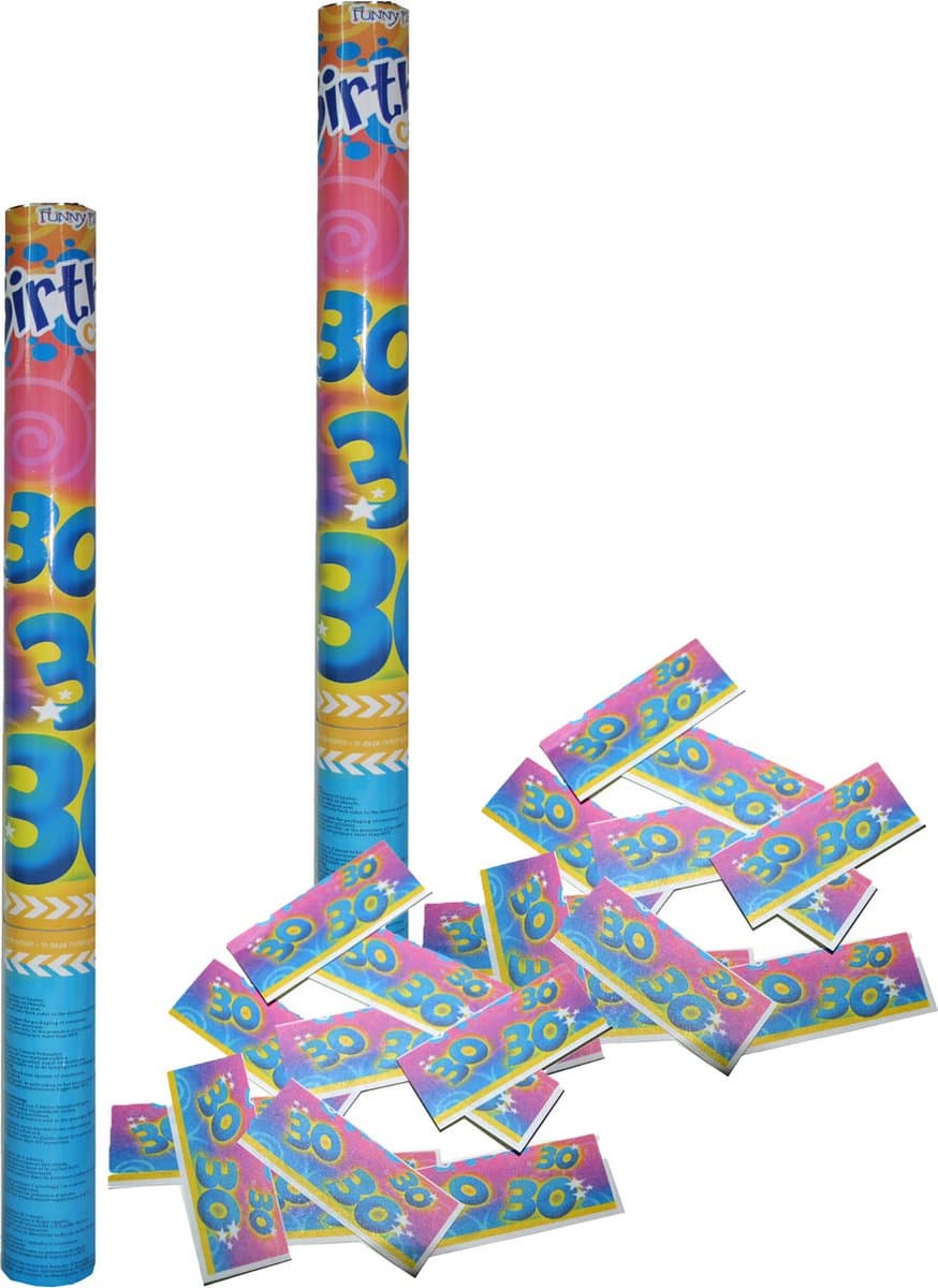 Funny Fashion confetti shooter/kanon - 2x - verjaardag 30 jaar - papier - multi kleuren - 59 cm - leeftijd feestartikelen