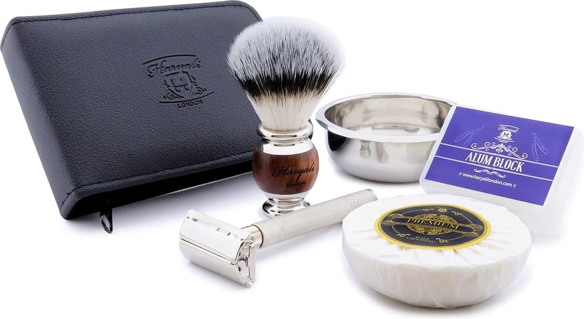 Haryali London Scheerset - 6-delige scheerset - Scheerkwast met - Butterfly Safety Razor - Scheermeshoes - Scheerzeep - Scheerkom - Aluinblok