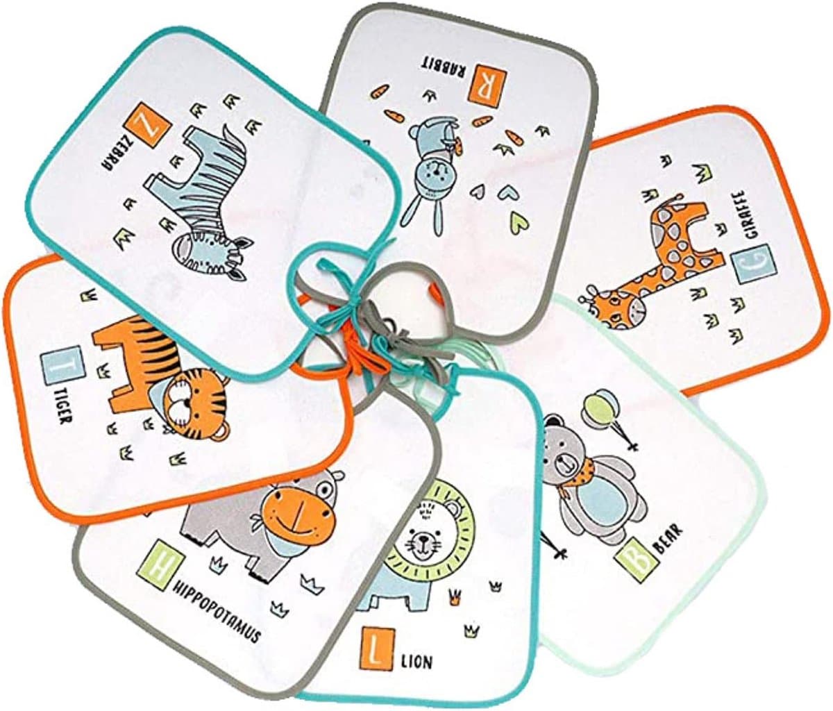 - Set van 7 waterdichte baby slabbetjes 73% katoen - 27% polyester vinylvoering: set van 7 slabbetjes met bandsluiting voor baby's 6 tot 18 maanden, 23 x 27 cm