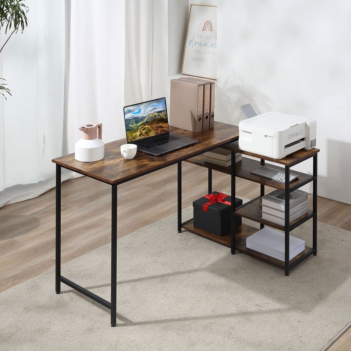 MIVRAY Bureau - L-Vormig Hoekbureau Met 3 Opbergplanken - Ruimtebesparend Voor Werkkamer En Slaapkamer - Hout En Metaal - Zwart - 135x90x79 Cm