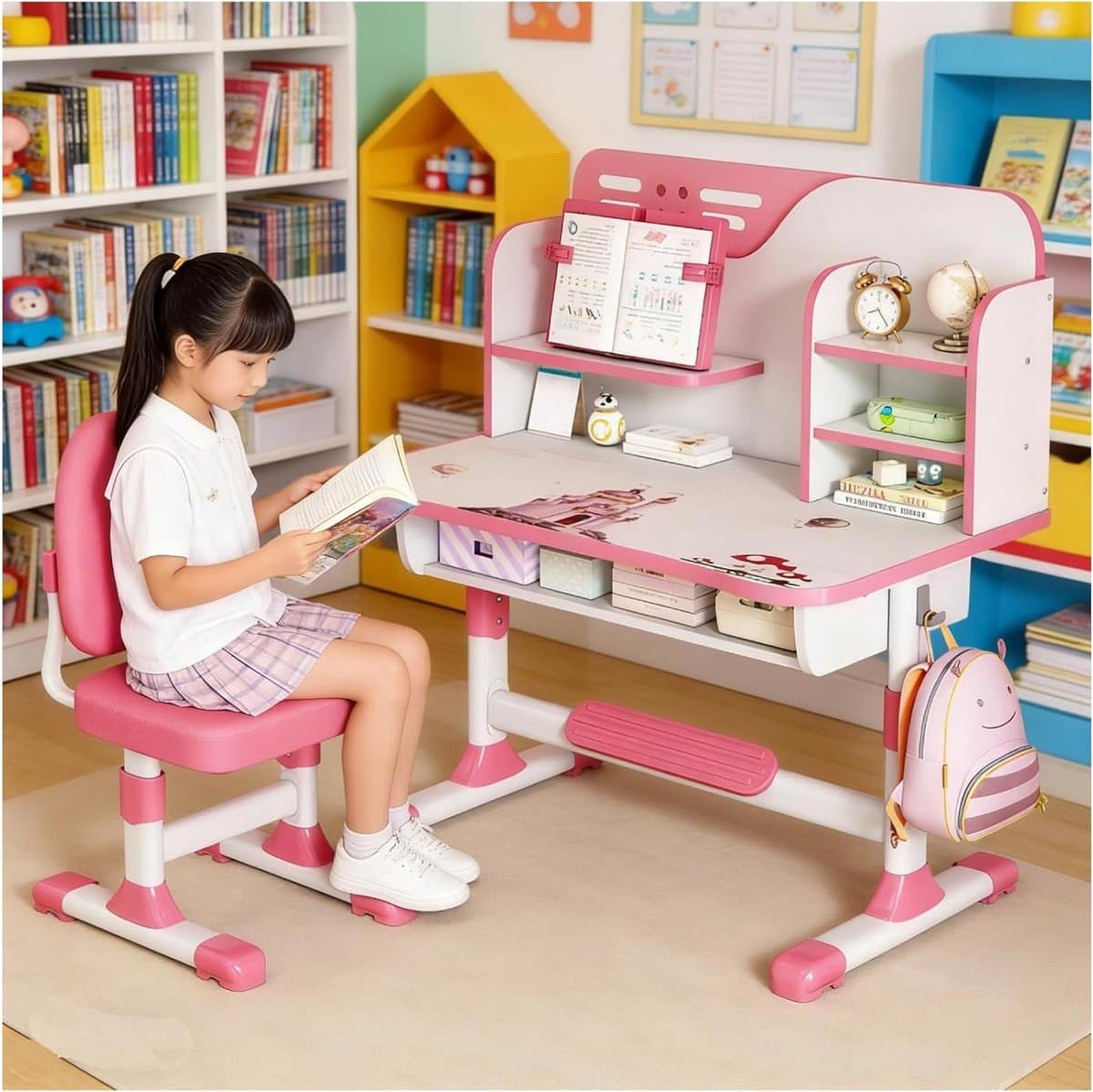 Kinderbureau Stoelset - Studietafel Kinderen - Comfortabel Leren - In Hoogte Verstelbaar - 80 cm Breed - Roze