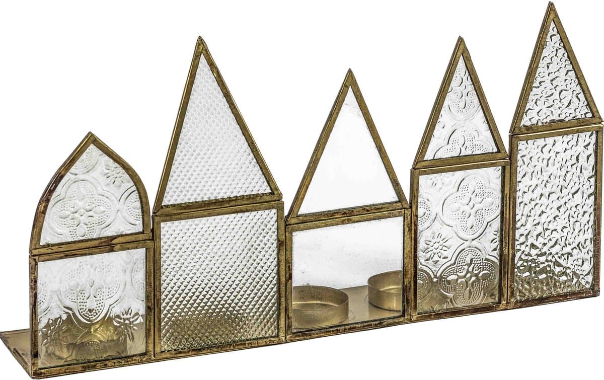 Metalen waxinestandaard rij huisjes metaal met glas