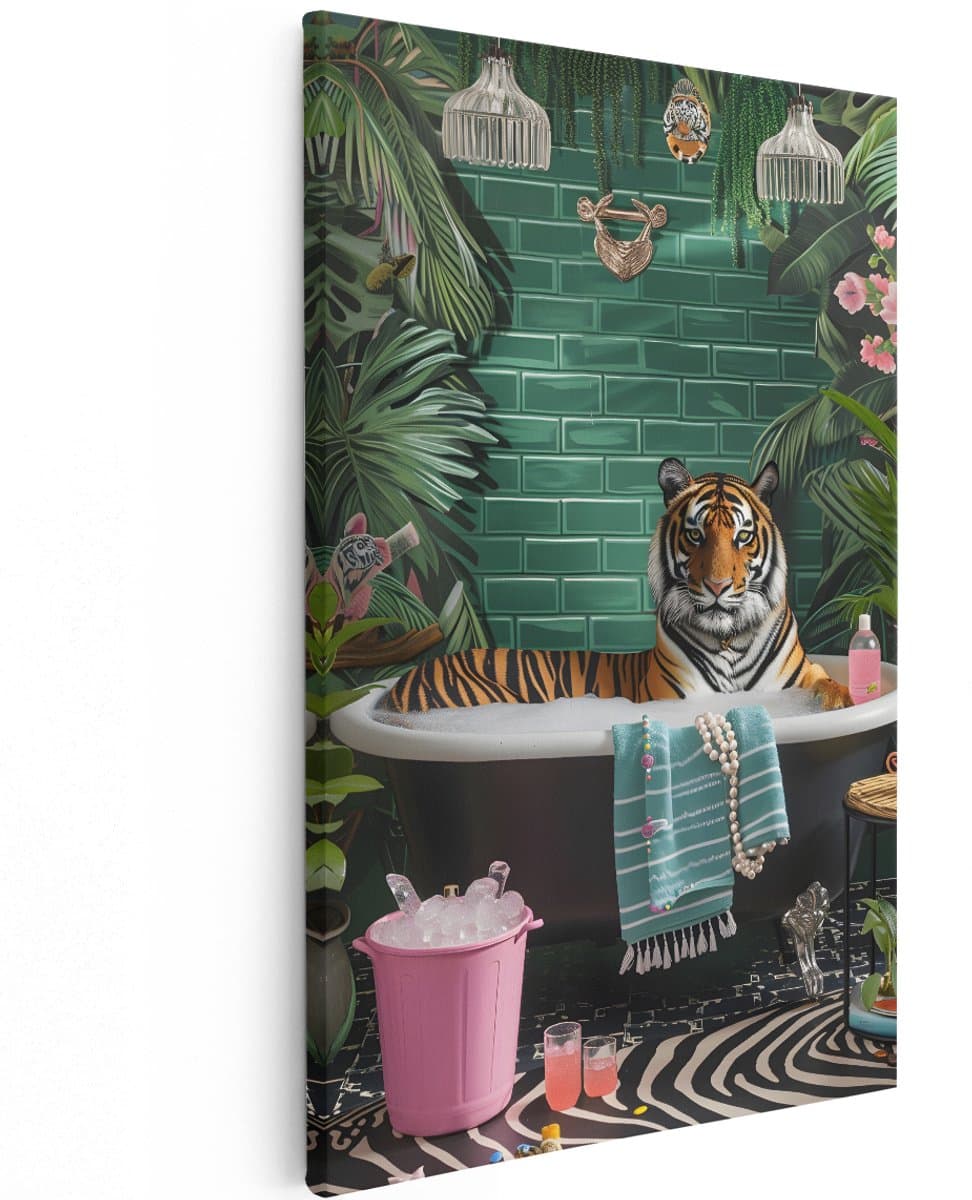 Artaza Canvas Schilderij Tijger In Bad - 100x150 cm - Groot - Wanddecoratie Badkamer - Muurdecoratie Dieren - Decoratie Jungle Groen
