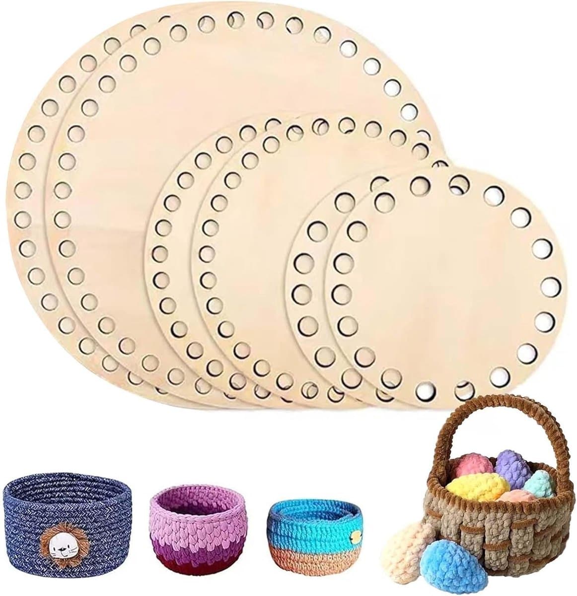 Natuurlijke Houten Bodem voor Mandjes - Ideaal voor Haakprojecten, Mandbreien, DIY Creaties - Ronde Basis, Wicker Bodem, Set voor Handwerken
