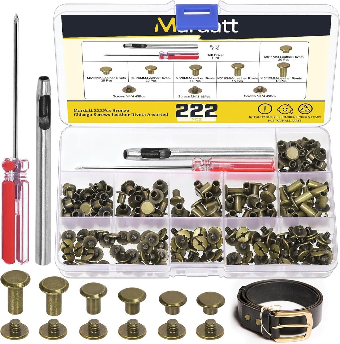Assortiment van 222 Chicago Screws met Verstelbare Tool voor Leerbewerking en Creatieve Projecten, M5 X 4/5/6/8/10/12mm Metaal Rivets en Slotted Bolts