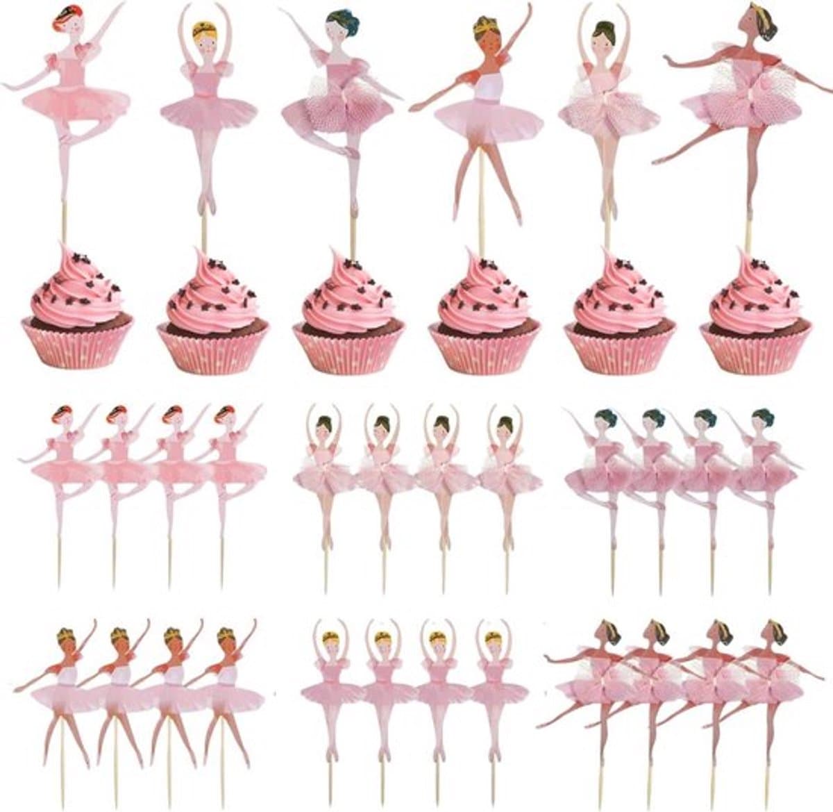 Cupcake-toppers balletrok design - Roze - Set van 24 stuks - Voor meisjes verjaardag, babyshower en bruiloftfeest.