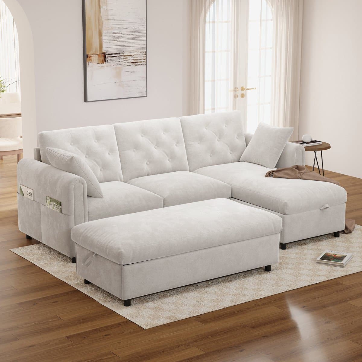 MIVRAY Hoekbank 219 x 131 cm - Met Chaise Longue, Opbergruimte En Hocker - Voor Woonkamer En Logeerkamer - Velvet Beige