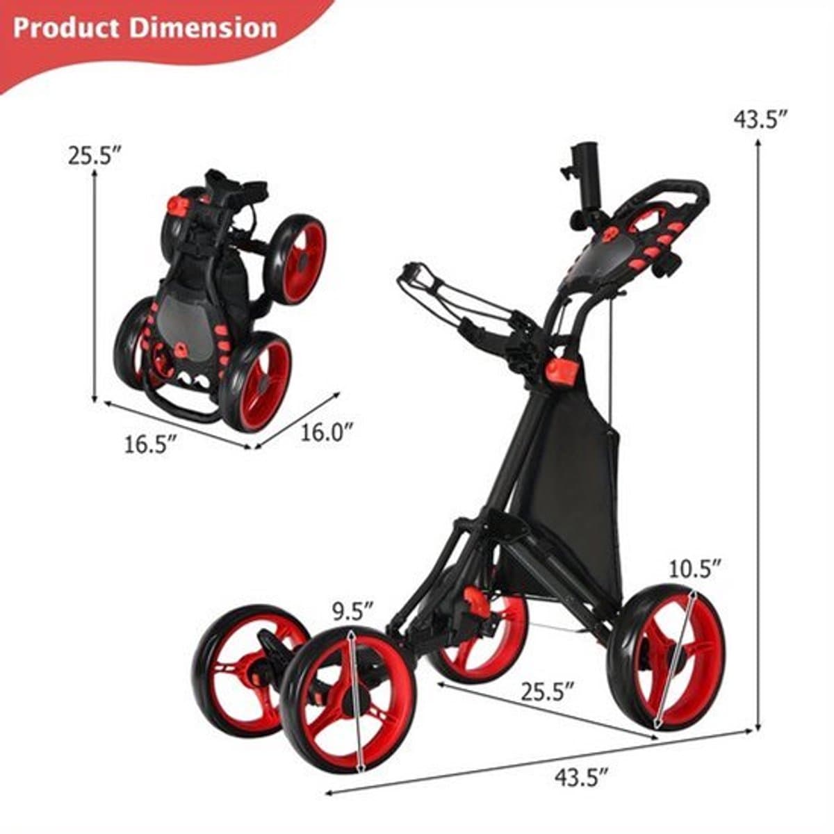 Golfkar – Golfwagen – Golftrolley – Golfbuggy – Golfkarretje – Lichtgewicht Polypropyleen Frame – Verstelbare Handgreep Met Voetrem – Rood/Zwart