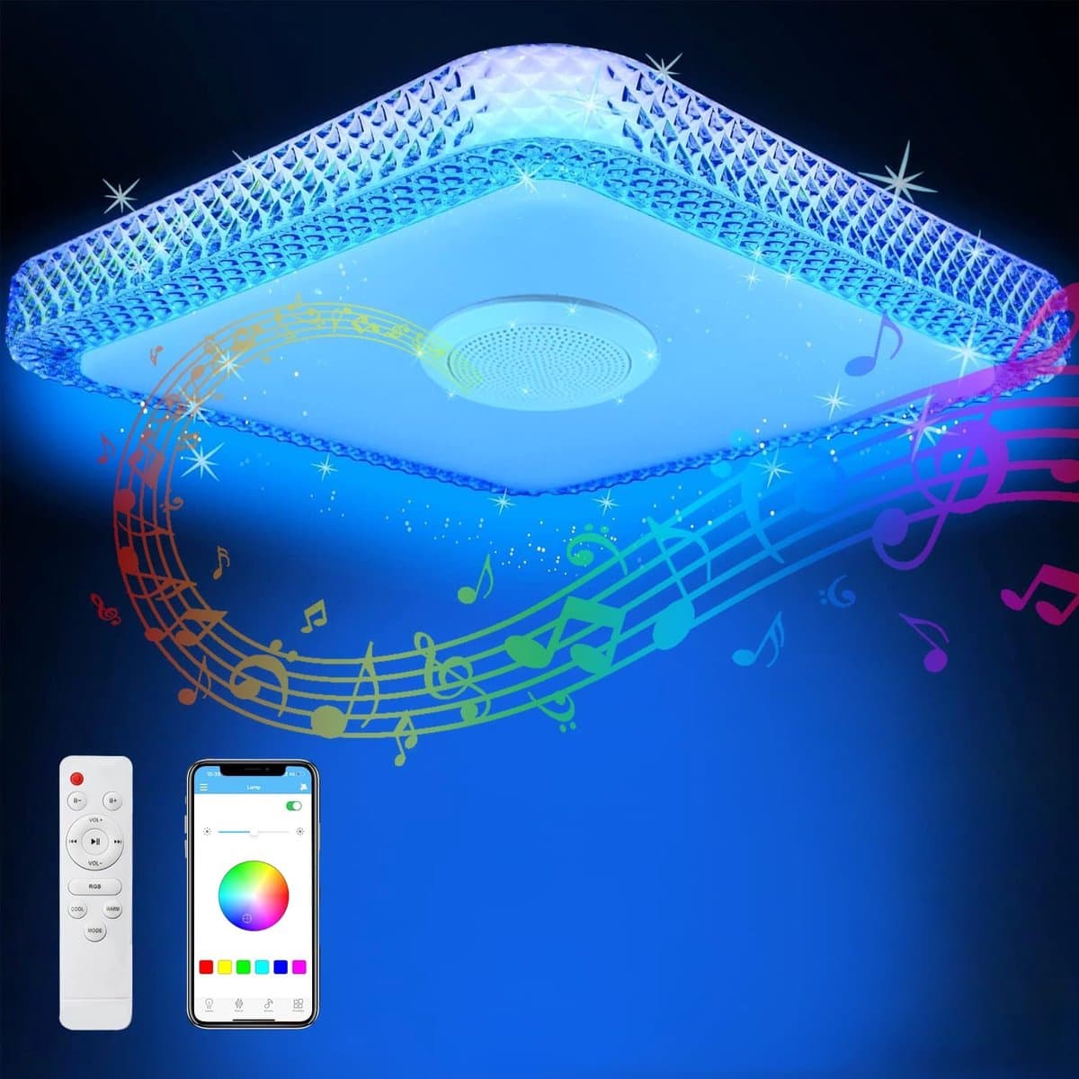 30 W dimbare plafondlamp, moderne led voor plafond, RGB+warm wit/natuurlijk/wit licht, inbouw kristal down-licht met afstandsbediening & app & muziek Bluetooth-luidspreker (vierkant)