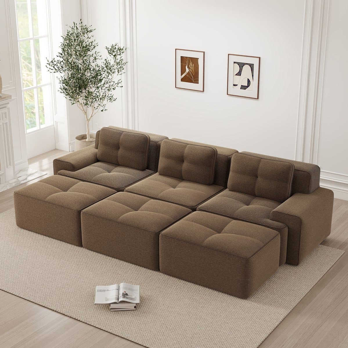 COVREO Hoekbank 293x177x69 cm – bruin cordstof, slaapfunctie, 3-zits met 3 hockersHoekbank 293x177x69 cm – bruin cordstof, slaapfunctie, 3-zits met 3 hockers