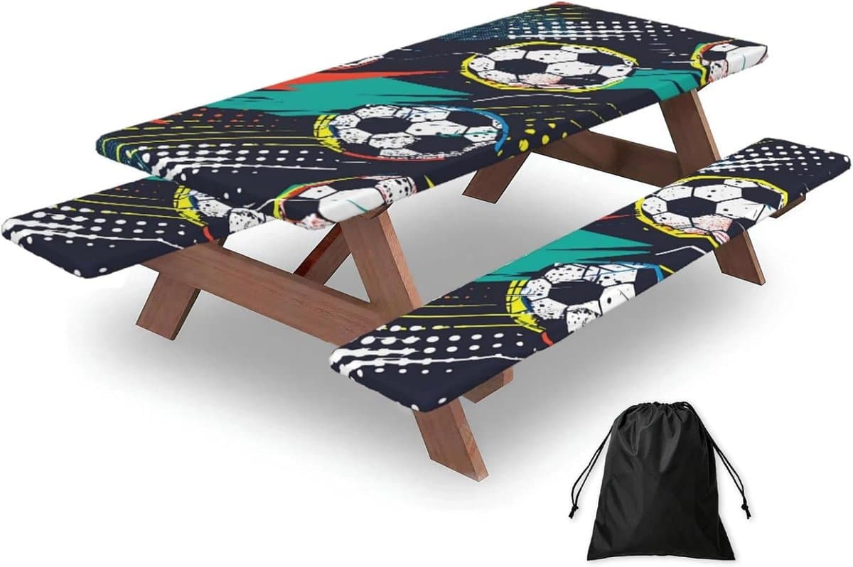 Tafelhoes met Bankbeschermers - Picknicktafelhoezen Set - Outdoor Tafelen - Waterafstotend en Scheurvast - 3 Delig - Kleurrijk Voetbal