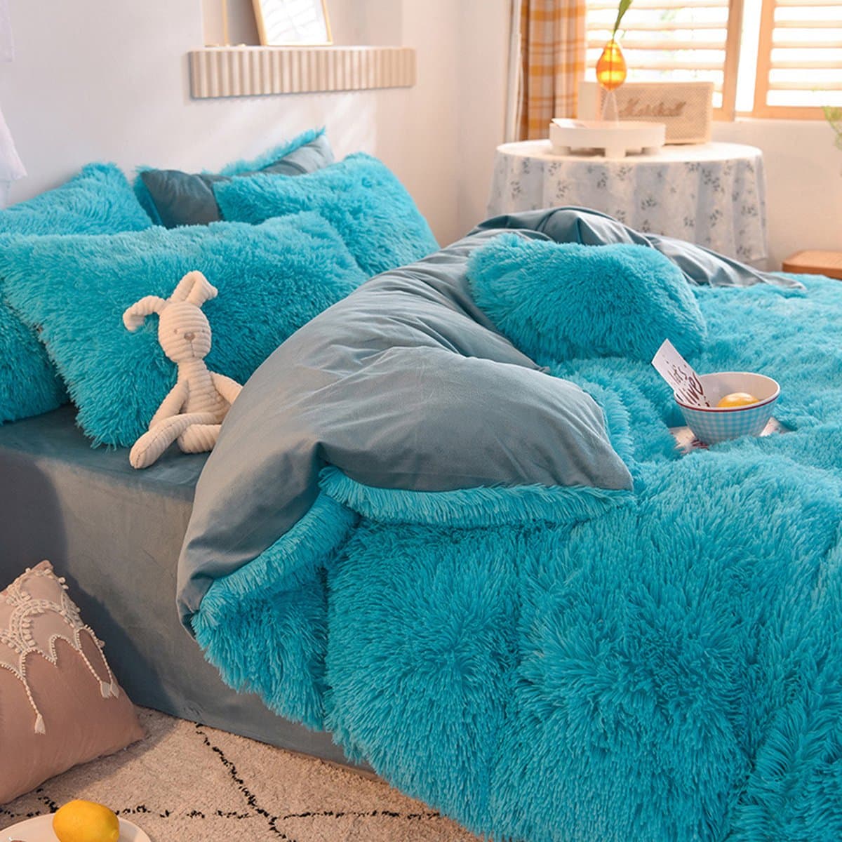 Foozzy Blauw- Ultra zachte fluwelen eenpersoons 1400x200cm dekbedovertrek - Luxe - Warm - Pluche Fluffy overtrek + 1x Kussensloop