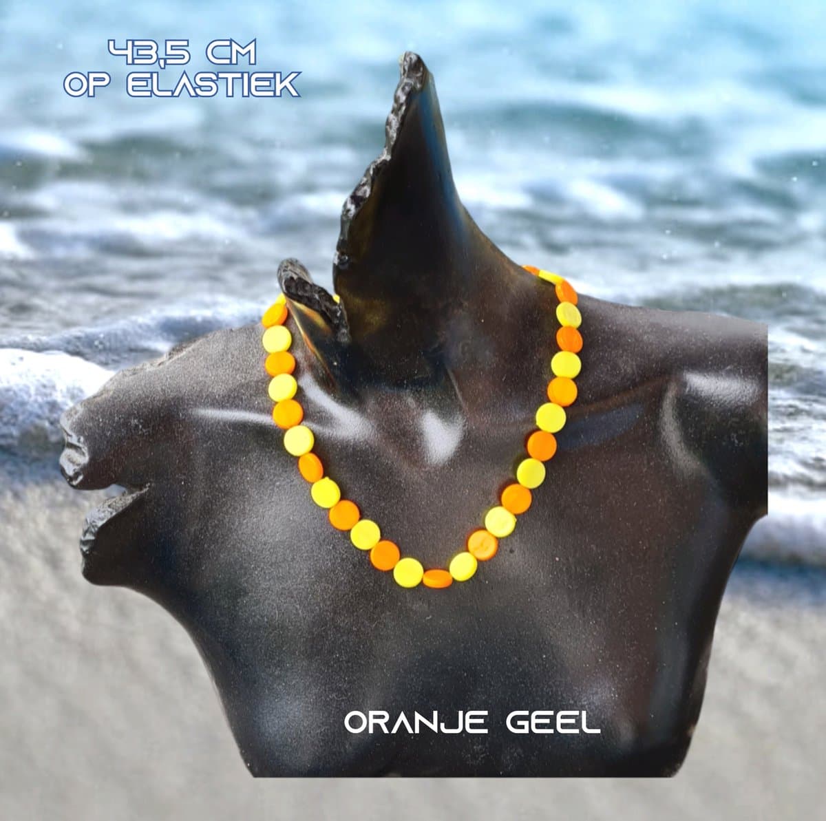 Fashion Jewelry - Going Retro® - Vrolijke ketting met kunststof beads op elastiek - 43,5 cm rekbaar - 1 stuks - Oranje Geel - Casual - Strand - Thema Feest - Festival - Kinderen Tieners Volwassenen - Unisex