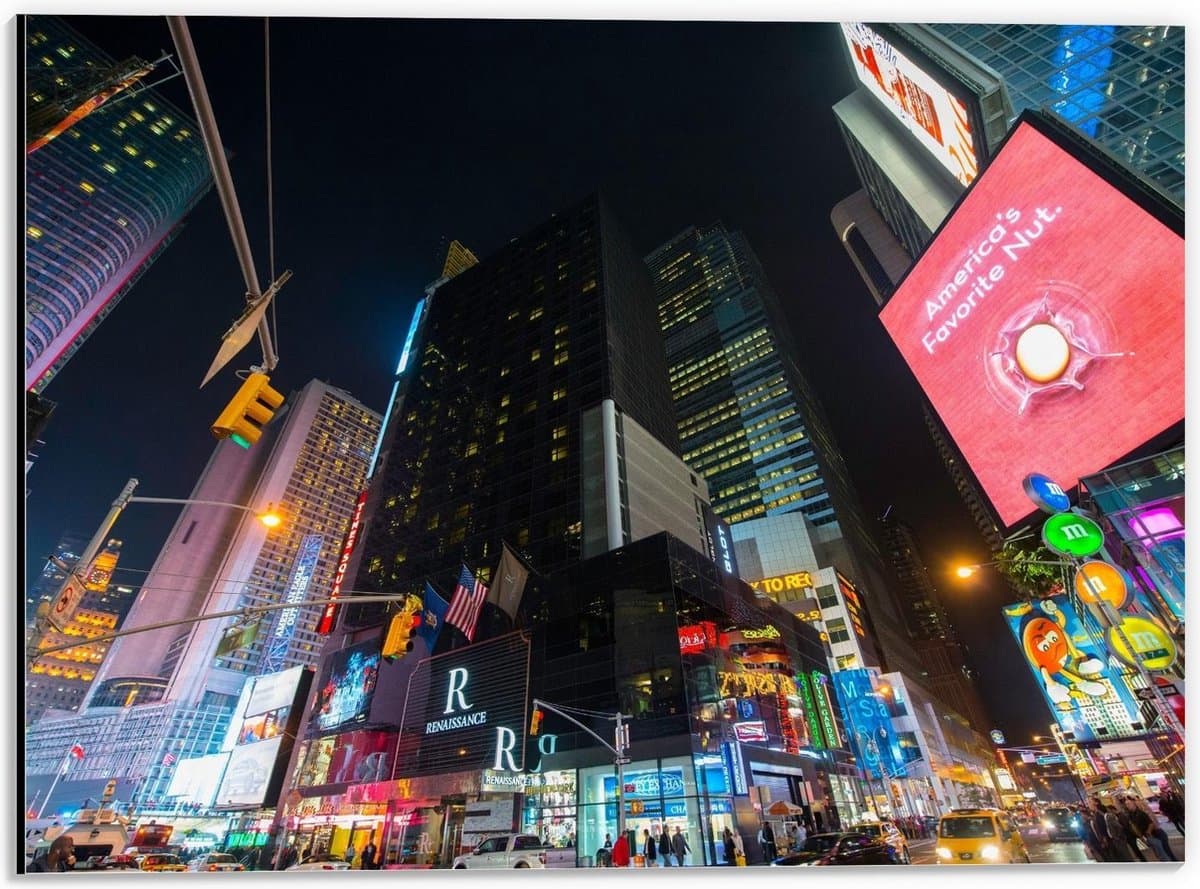 Dibond - New York in de Nacht - 40x30cm Foto op Aluminium (Wanddecoratie van metaal)