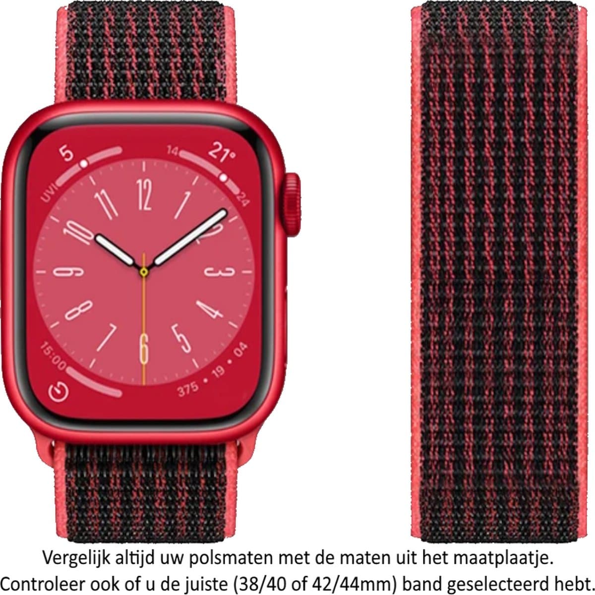 Rood Zwarte Nylon Horloge Band geschikt voor Apple Watch 1, 2, 3, 4, 5, 6, 7, 8, SE, 38mm, 40mm & 41mm "Vrouwenbreedte" Series Zacht Geweven Nylon 38 mm, 40mm en 41 mm - Red Black - Maat: zie maatfoto