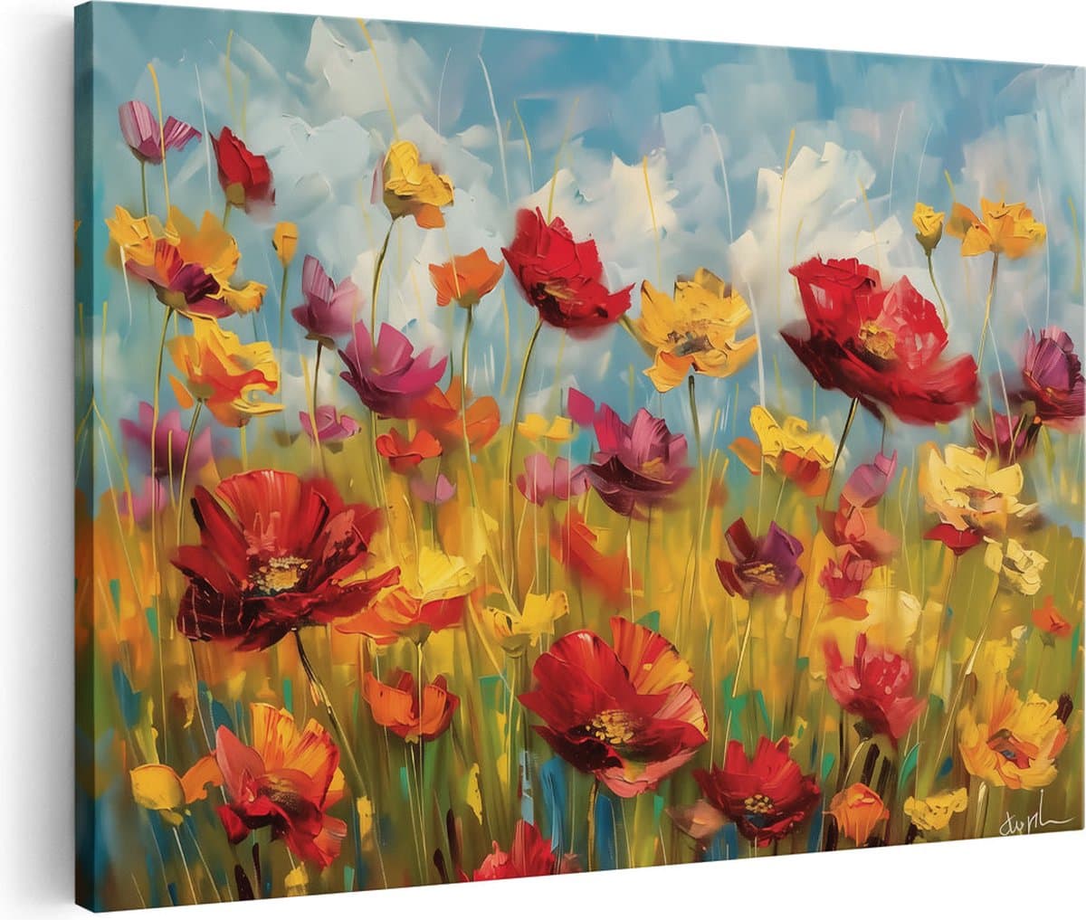 Artaza Canvas Schilderij Kleurrijke Bloemen in een Veld - 60x40 cm - Wanddecoratie Woonkamer - Schilderijen - Muurdecoratie