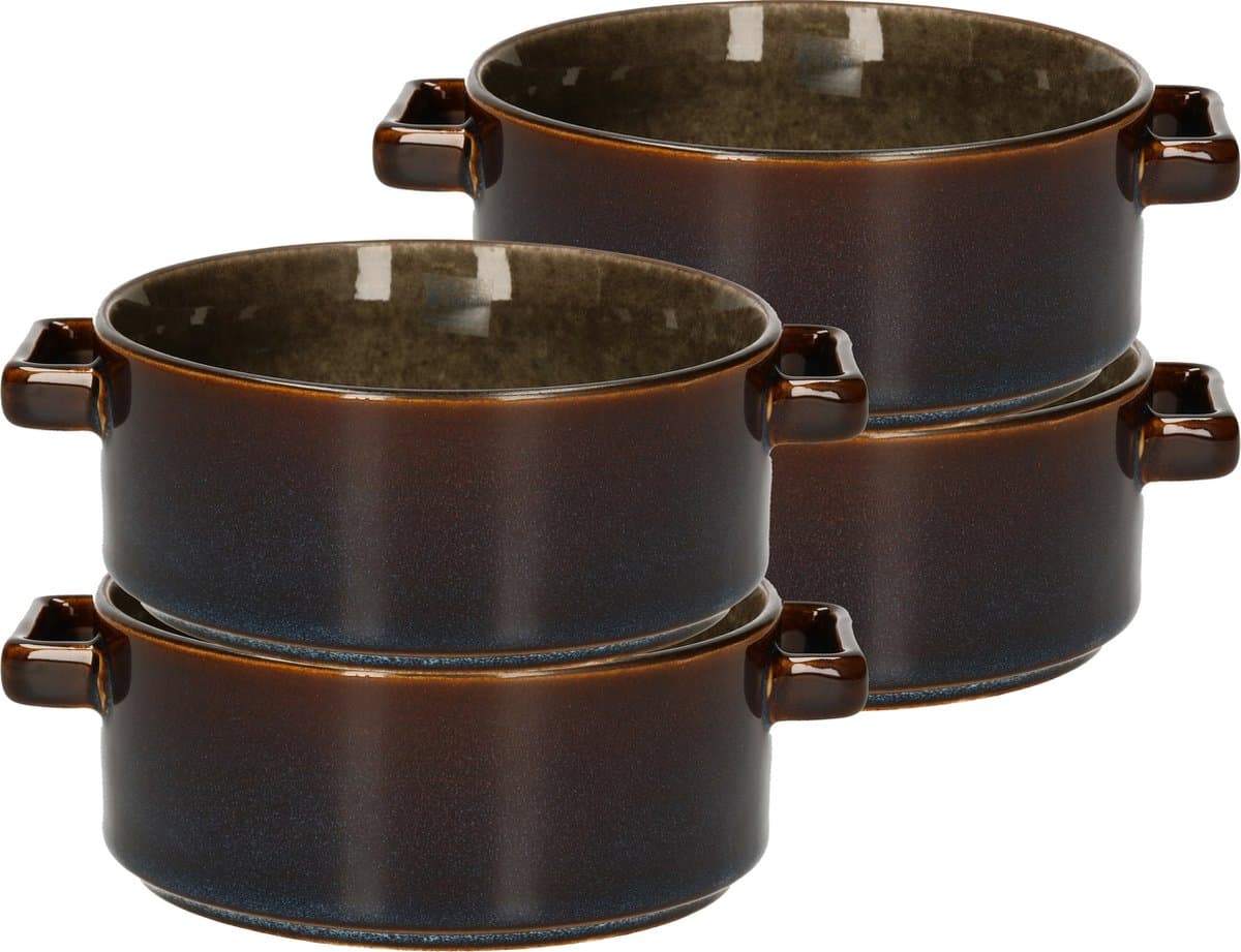 Cosy & Trendy Kommetjes / soepkommen voor dessert/ontbijt - 6x - Porselein - D13 x 5.5 cm - groen/bruin - met oortjes - stapelbaar