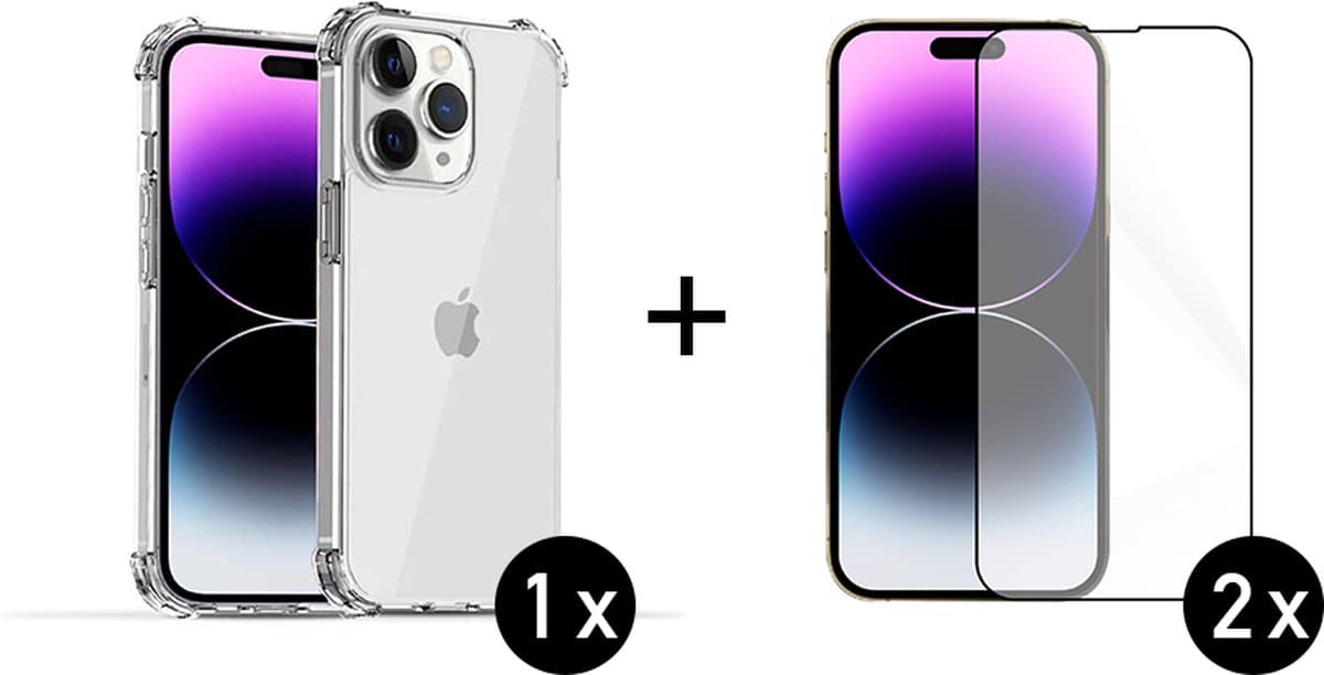Innerlight® MobileCover+ Geschikt voor iPhone 14 PRO - 1x Transparant siliconen hoes met Bumper + 2x Screenprotector