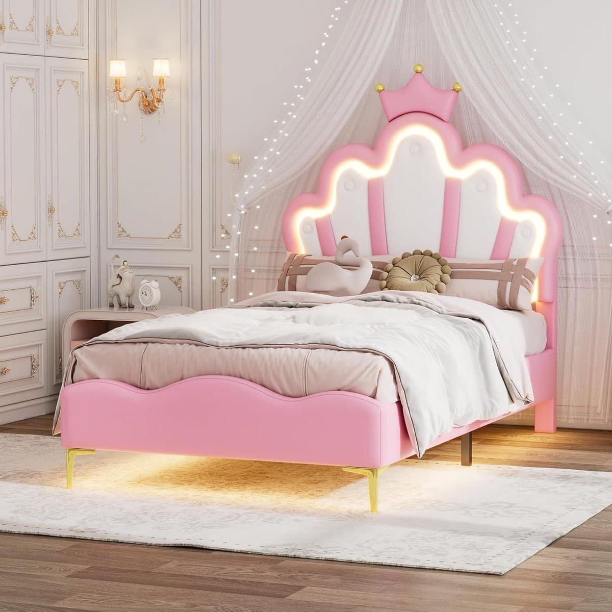 Eenpersoonsbed - Prinsessenbed Kinderbed - Slaapkamer Inrichten - Met LED Verlichting - 90x200 cm - Roze