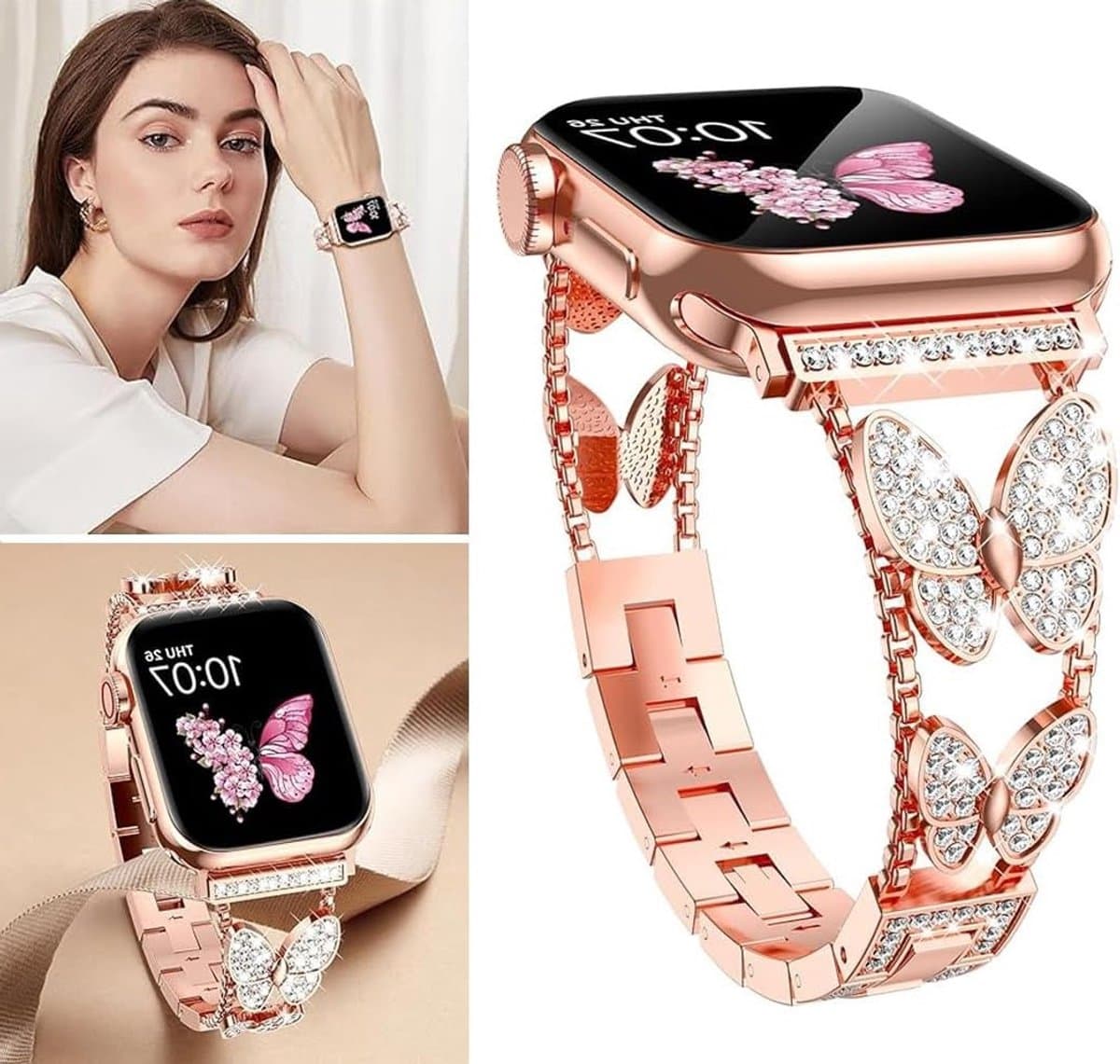 Elegante Kristal Diamant Horlogeband voor Apple Watch SE en Series 1-9 - Rvs Armband voor Vrouwen met 38mm, 40mm en 41mm Maten