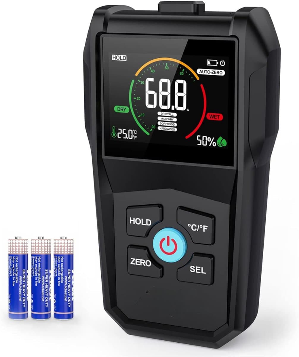 RUX® Vochtmeter Muren - Vochtmeter - Vochtmeter Hout Met Opbergzakje - Vochtmeters Inclusief Temperatuurmeter - Accuraat – Pleisterwerken - Inclusief Batterijen - Zwart - 8cm x 8cm x 14cm