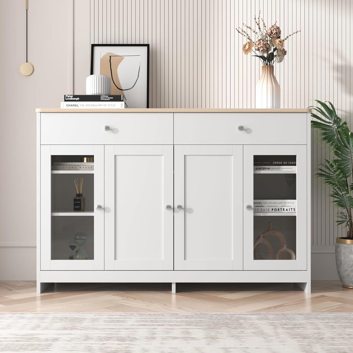 Dressoir Kast - Opbergkast Woonkamer - Huis Organiseren - Landelijke Stijl - 120 cm Breed - Wit Houtkleur