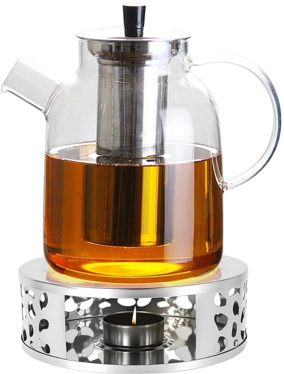 Theepot met zeef, 1.8 l glazen theepot met stoof, borosilicaatglas, theepot voor losse thee en theezakjes, grote theepot van glas, vaatwasmachinebestendig, houdt lang warm