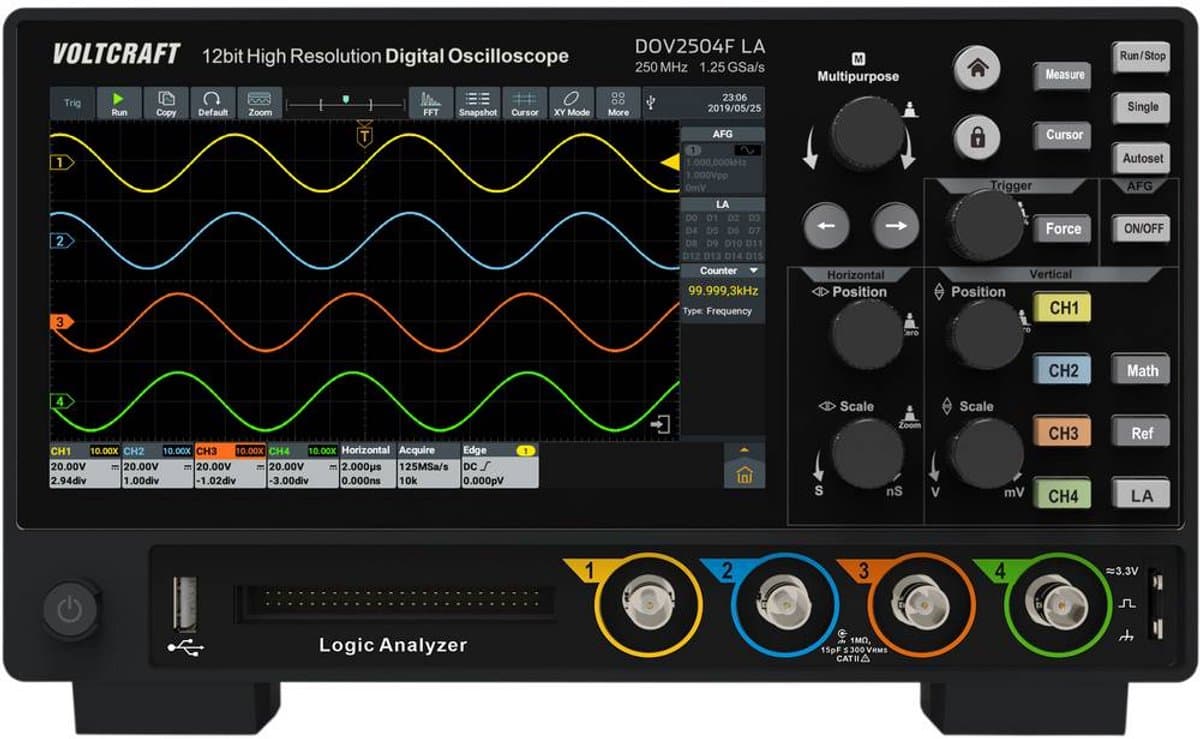 VOLTCRAFT DOV2504F LA Digitale oscilloscoop 250 MHz 4-kanaals 1.25 GSa/s 100 Mpts 12 Bit Digitaal geheugen (DSO), Funct