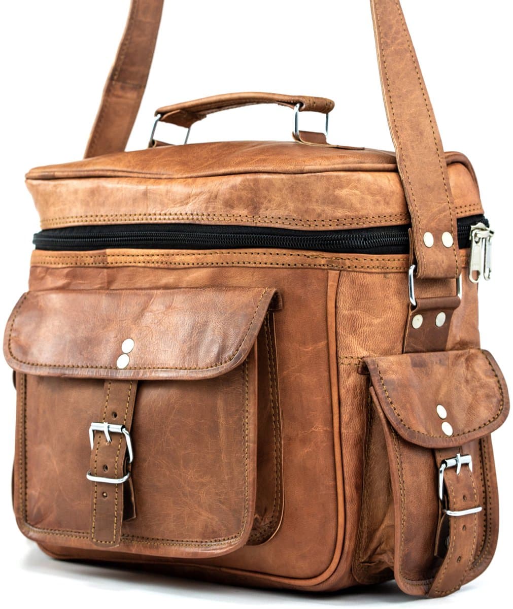 Multifunctionele Werktas van Echt Leer – Picknicktas / Cameratas – Cognac Bruine Echt Leder - 32 x 24 x 11 cm - Ruwe Urban Vintage Look – Leonera Model 052