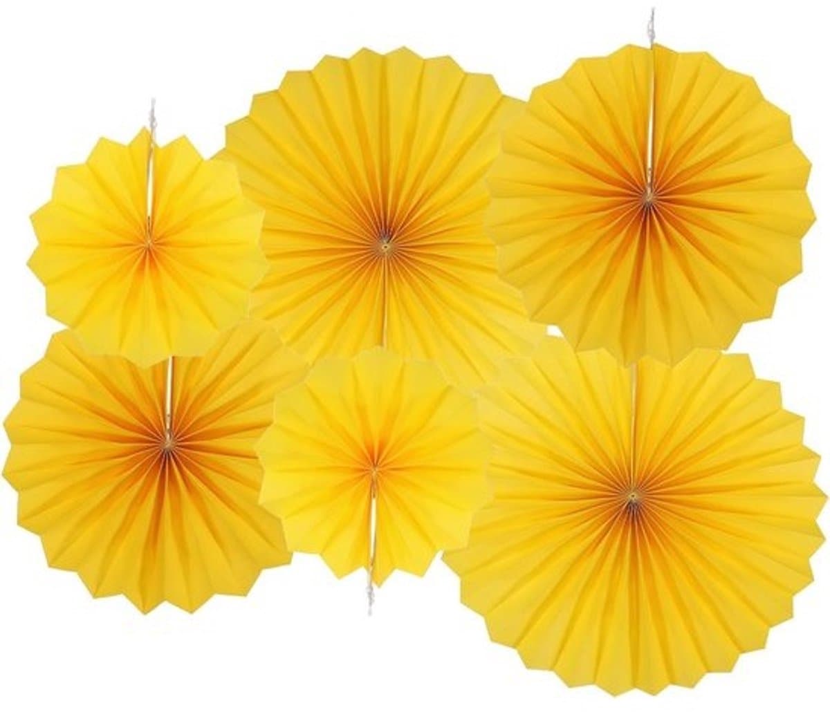 Hangende papieren waaiers - Feestdecoratieset - Voor feestelijke aankleding - Zes stuks met rond patroon - 29 x 20 x 1,7 cm - Geel