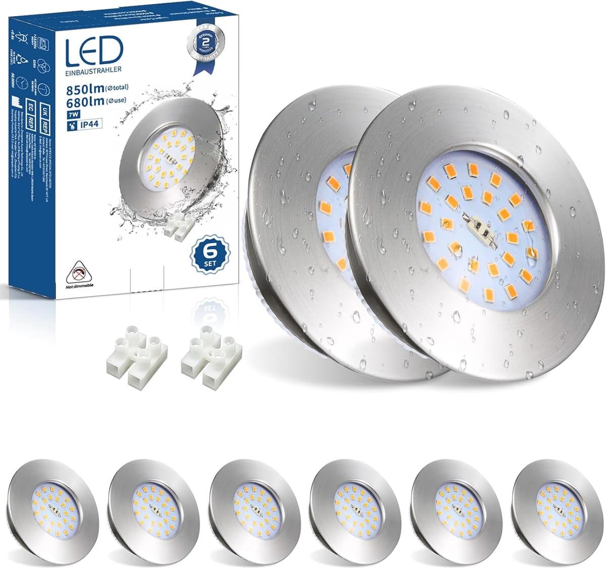 6 inbouwspots, led, plat, IP44, inbouwspots, voor badkamer, 7 W, 850 lm, led, spots, 230 V, nikkel, geborsteld, plafondspots, 3000 K, warmwit, 60 - 68 mm, voor badkamer, keuken, woonkamer