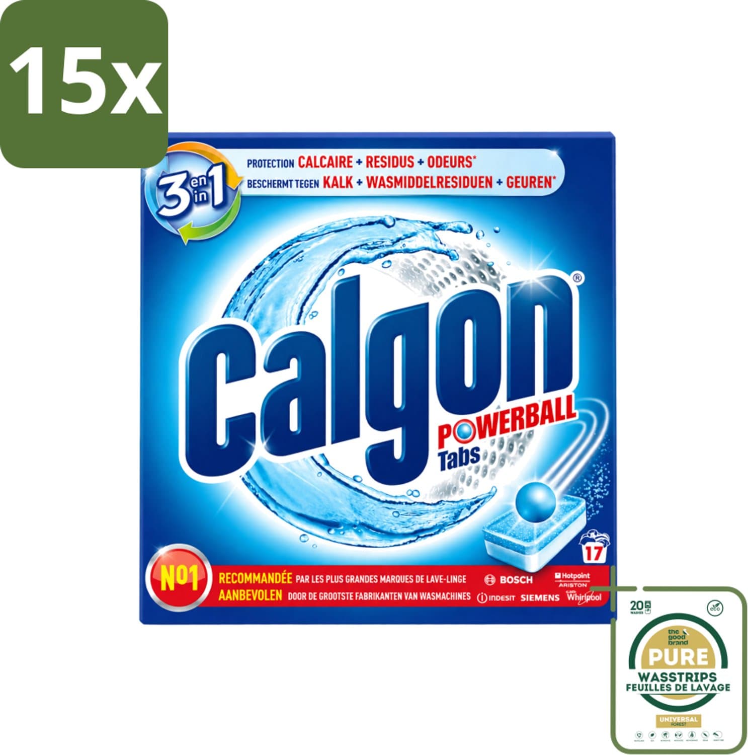 15 x Calgon - Ontkalkingsmiddel - Tegen Kalk, Wasmiddelresiduen & Geuren - 17 Tabletten - Wasstrips - Ontkalken Wasmachine - Kalkvoorkomen - Wasmiddelresiduen - Geuren Bestrijden - Wasmachine Onderhoud