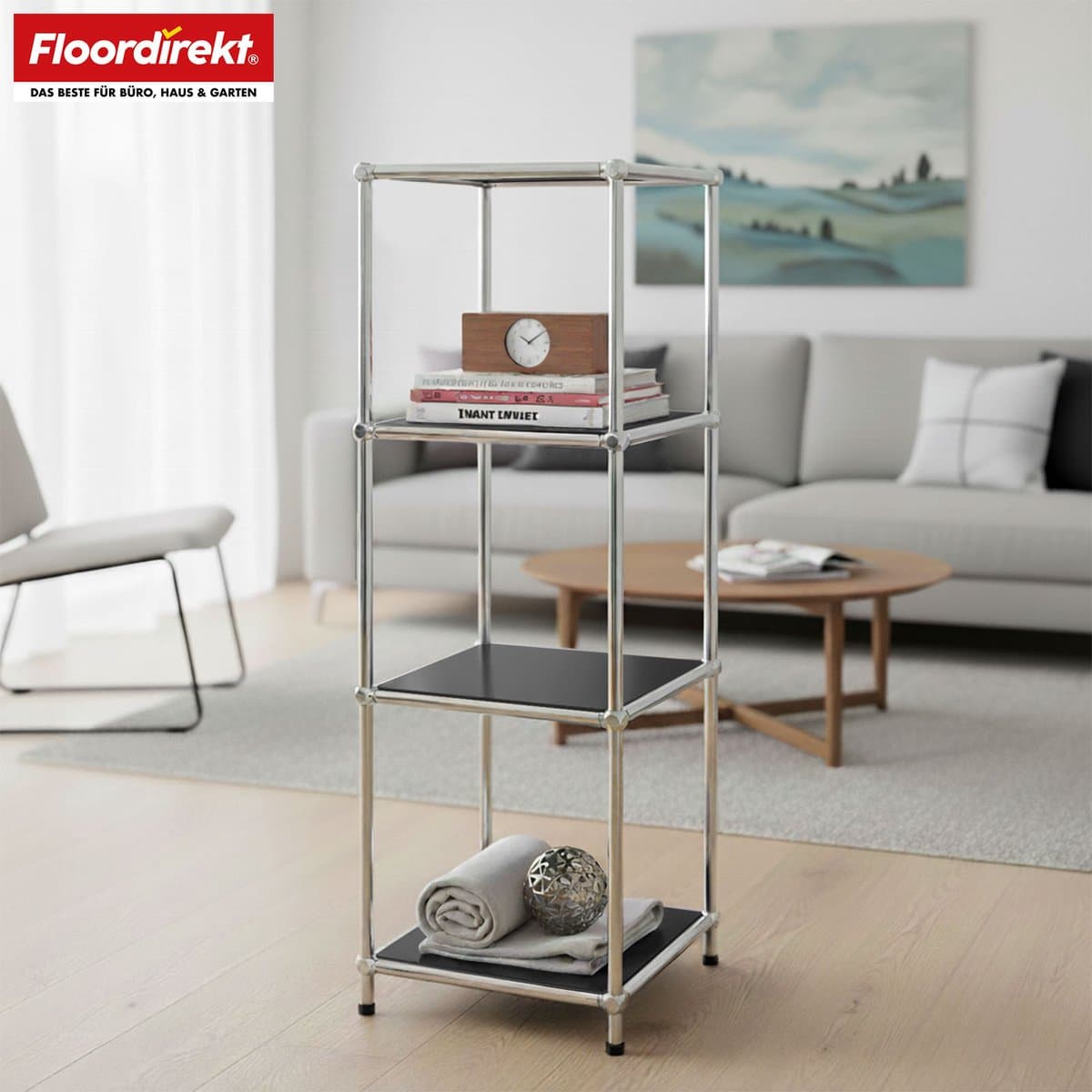 FLOORDIREKT Metalen Rek Concept Epure MK-005 - 4-Laags Opbergrek Met Open Planken - 30 × 89 x 30 cm - Zwart -Verkrijgbaar in Verschillende Kleuren - Metalen Rek in Modern Design - Rek Voor Woonkamer, Kantoor & Hal