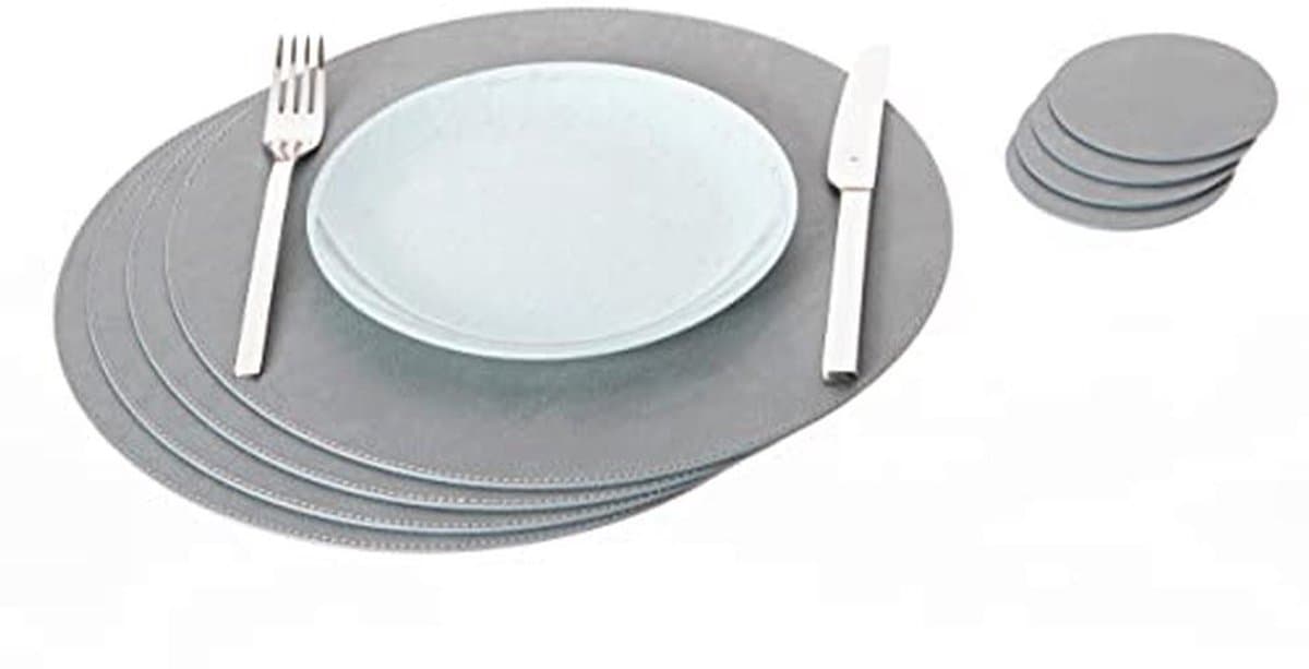 Ronde placemats en onderzetters van gerecycled leer - 4 stuks 33 cm en 10 cm
