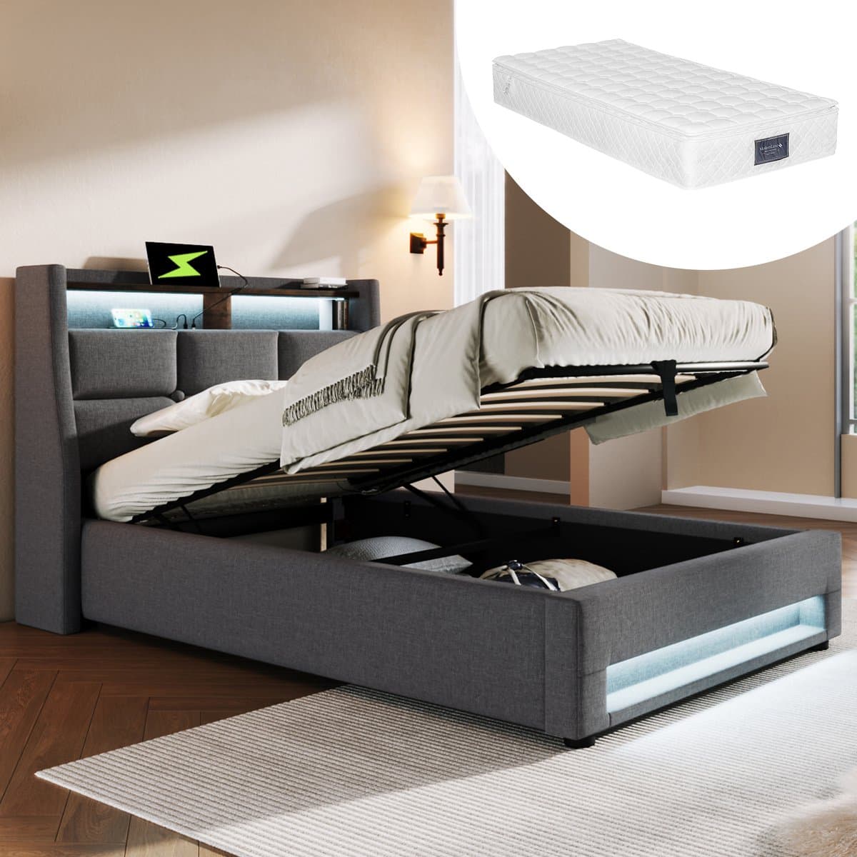 STILVORA Eenpersoonsbed 90x200 cm - Gestoffeerd Bed Met Metalen Lattenbodem En LED - Bedbodems - Linnen - Grijs (Met matras)