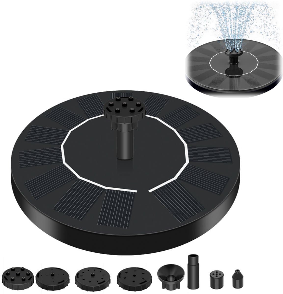 1stuk - Solar Fontein op Zonne energie - 11 opzetstukken - Waterfontein - Fonteintje - voor Fonteinpomp Tuin、Vijver、 Zwembad、Vogel bad - 130mm - zwart