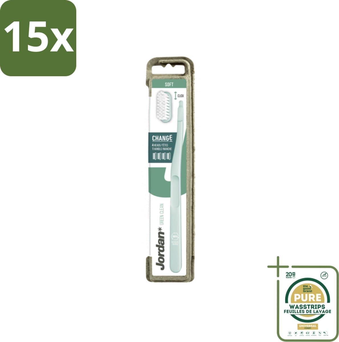 15 x Jordan - Tandenborstel - Green Change - Soft - 4 Opzetborstels & 1 Houder - Grootverpakking - Tandenborstel - Vervangbare Kop - Duurzame Tandenborstel - Zachte Borstel - Gevoelig Tandvlees