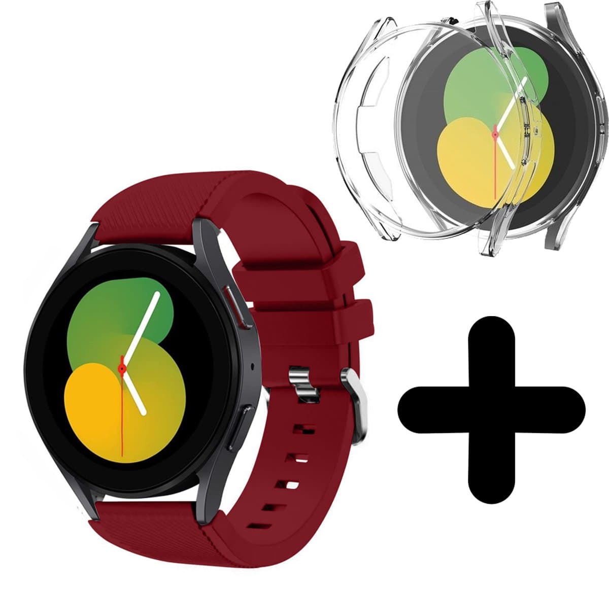 Strap-it bandje geschikt voor Geschikt voor Samsung Galaxy Watch 5 40mm siliconen bandje (bordeaux) - Band siliconen Galaxy Watch 5 40 mm - Incl. screenprotector case bescherming - Hoesje beschermhoes beschermer - Transparant full cover hardcase