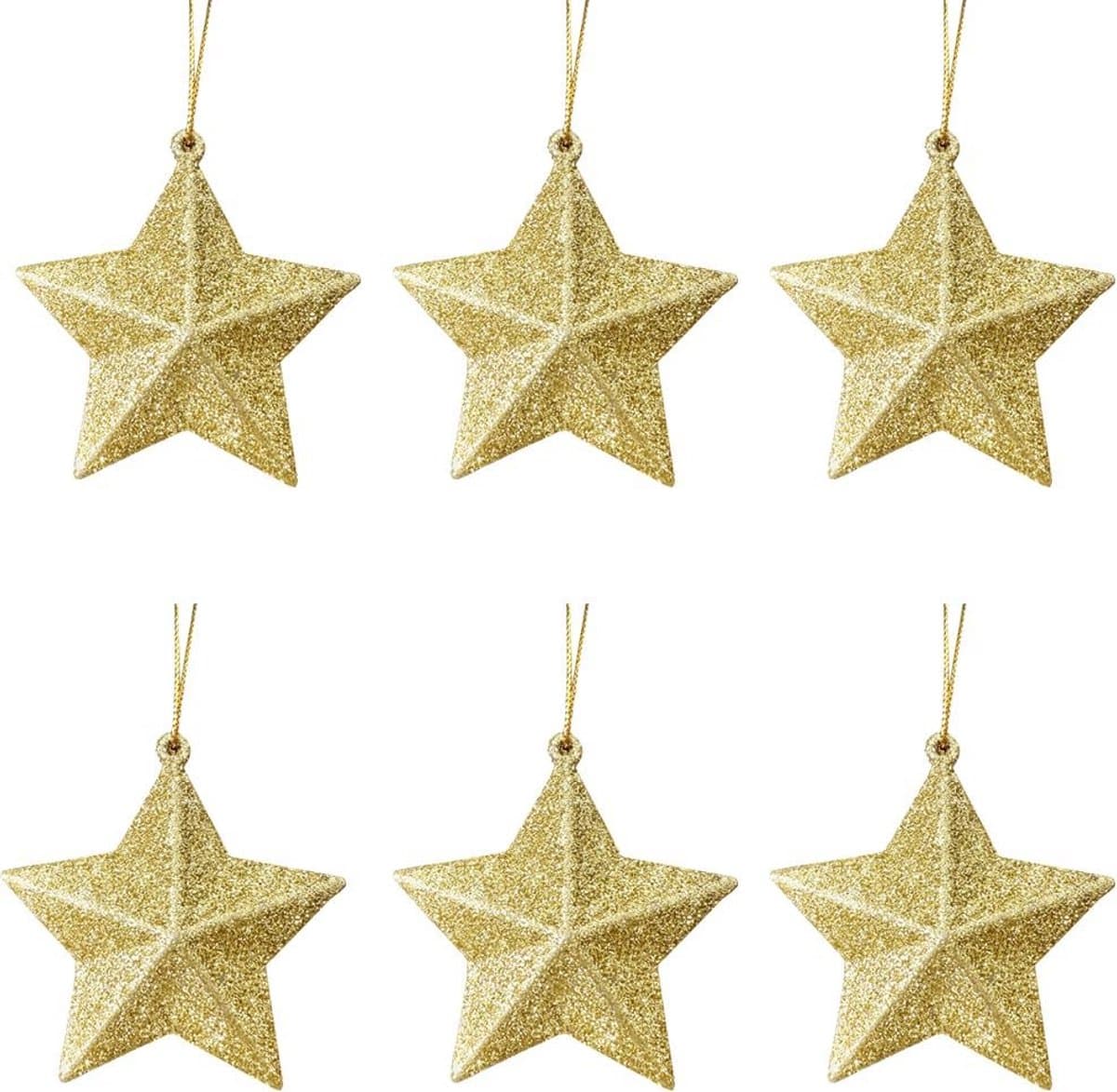 Set van 6 Gouden Glitter Ster Kerstballen - Hangende Versiering 7cm