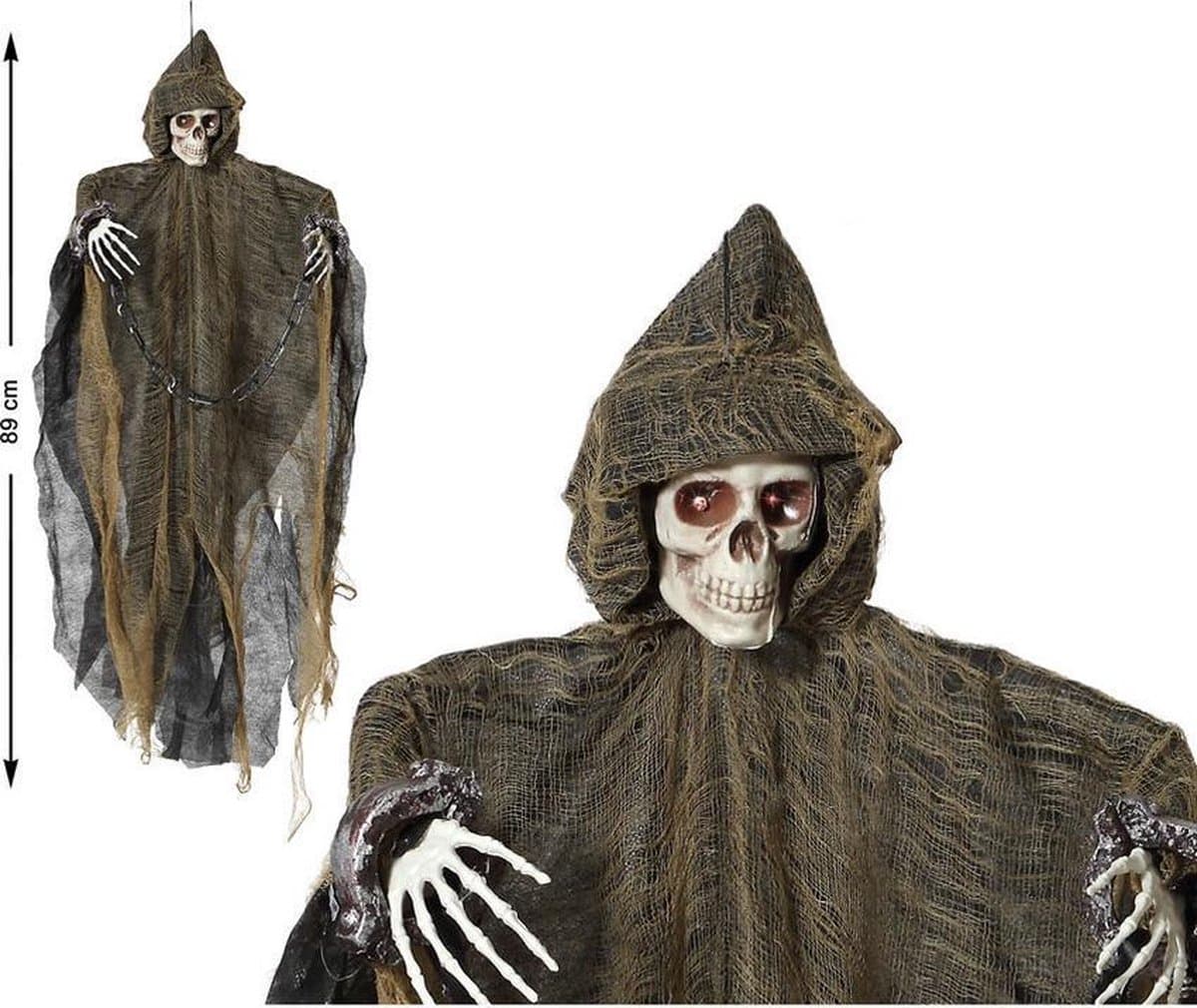 Atosa Halloween pop - spook - met licht en geluid - 89 cm - geluidssensor - Horror skelet - geest - hangdecoratie