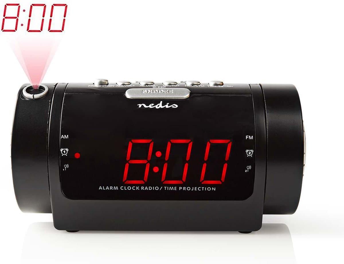 Nedis Wekkerradio - LED - Tijdprojectie - AM / FM - Snoozefunctie - Slaaptimer - Aantal alarmen: 2 - Zwart