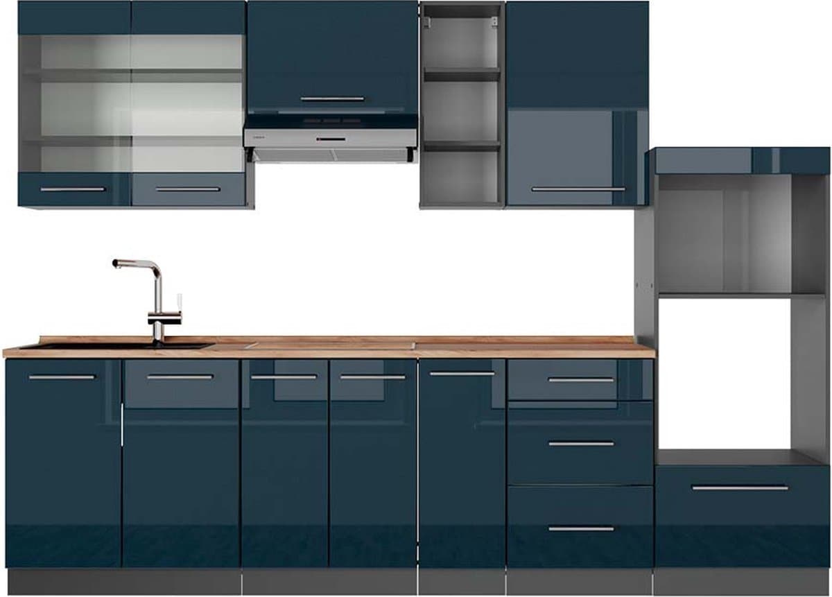 Vicco Fame-Line Complete keukeneenheid – 280 cm, WB Eik Donkerblauw hoogglans/antraciet